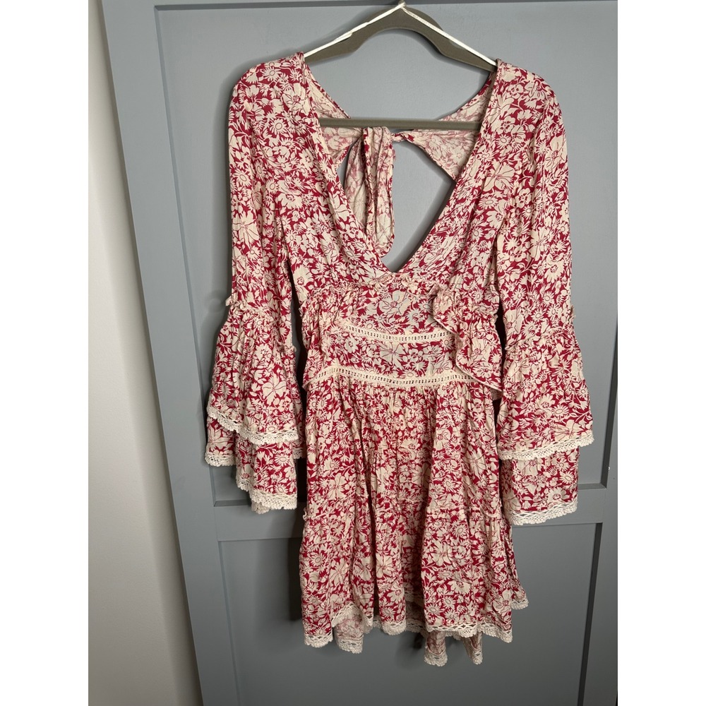 Free People Women's Red Floral Bell Sleeve‎ Lace Trim Mini Dress XS